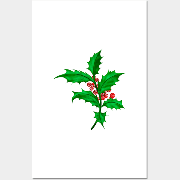 Holly Branches with Red Berries Green Wall Art by cesartorresart